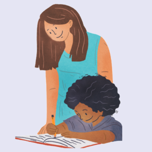 une maman aide son enfant à faire ses devoirs